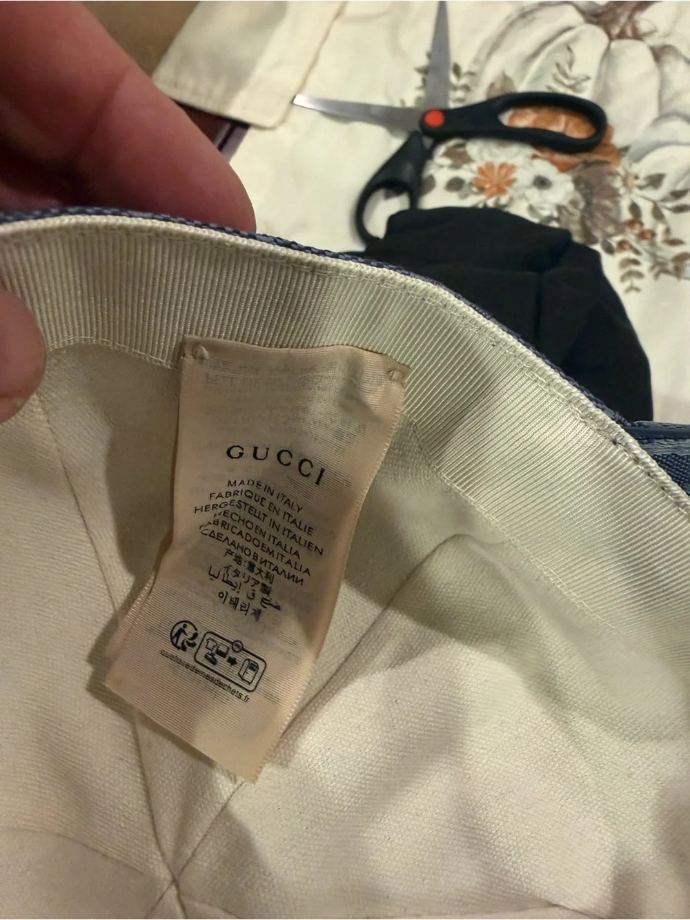 Gucci Cream Satin Hat with Navy and Red Label Accents